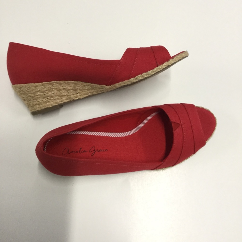 Amelia Grace Peep toe Wedge Red/Tan - SZ 8.5 - Picture 2 of 13